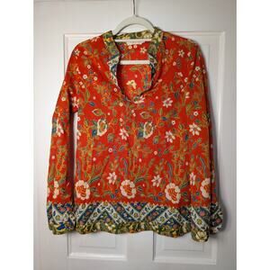 Tory Burch Stephanie Tunic Samba Women's Boho Top Blouse Orange Slits 10(764)